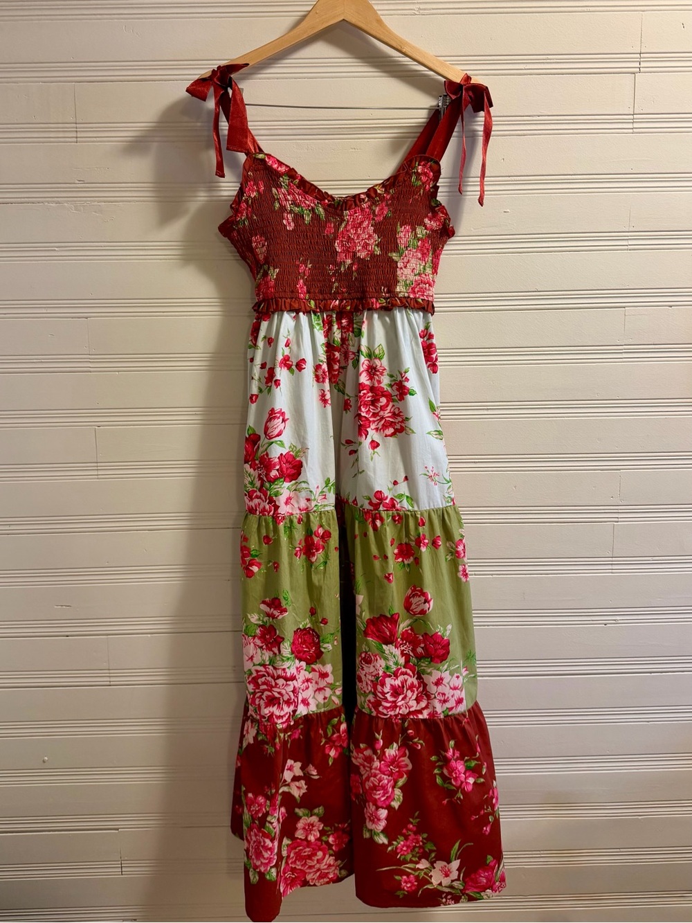 Rebellion Again Floral Patchwork Smocked Tie Strap Midi Dress M Cottagecore